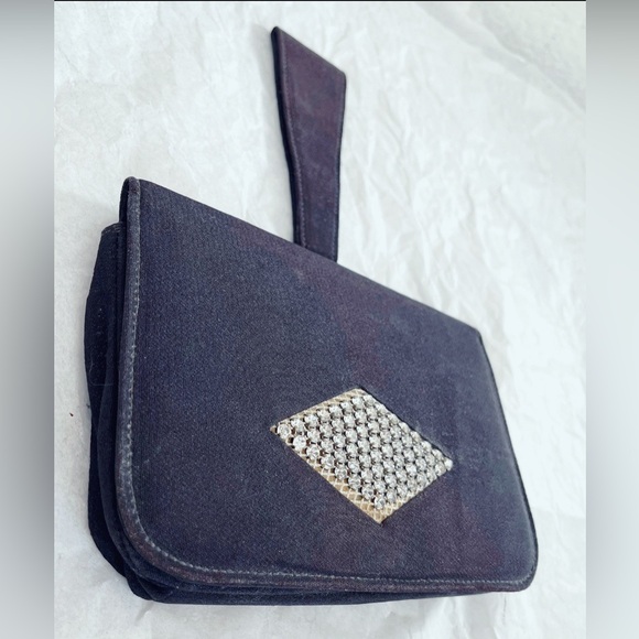 Vintage 1930's Black Fabric Bag with Rhinestone Detailing - Picture 3 of 5